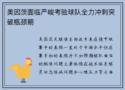 美因茨面临严峻考验球队全力冲刺突破瓶颈期